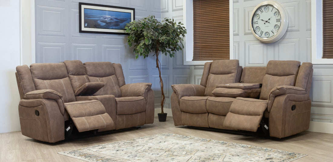 Brooklyn Hazel 3 seater and 2 seater recliner console sofa set in a living room