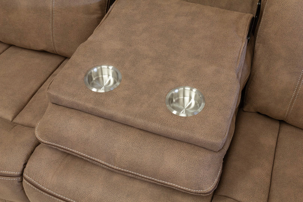 Close-up of Brooklyn Hazel console with cup holders and storage lid