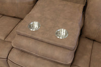 Close-up of Brooklyn Hazel console with cup holders and storage lid