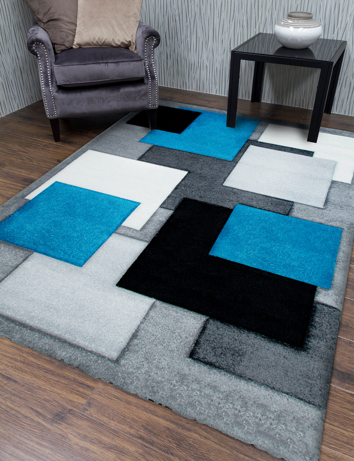 Tempo Squares - Teal rug, 160 x 220 cm size