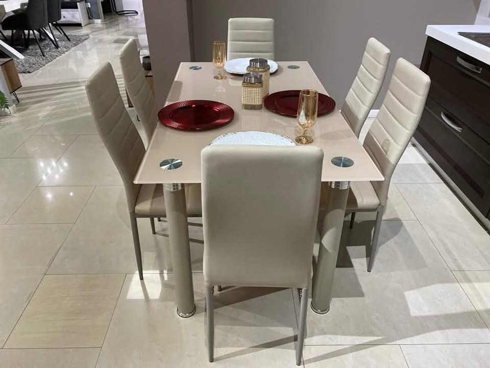 Stylish Glass Dining Table with 6 PU Leather Chairs - Available in Grey or Cream - in Ireland