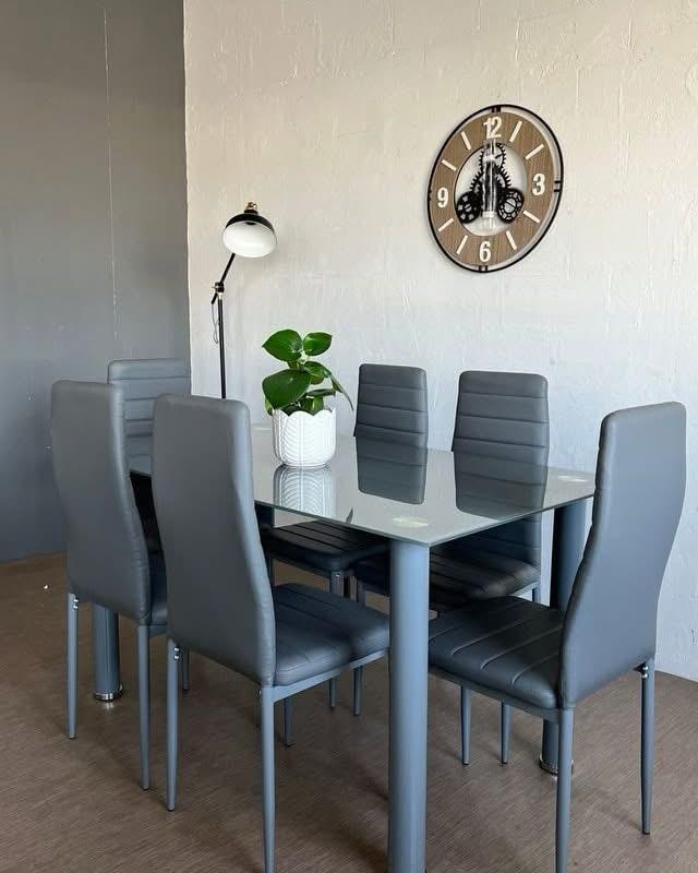 Stylish Glass Dining Table with 6 PU Leather Chairs - Available in Grey or Cream - in Ireland