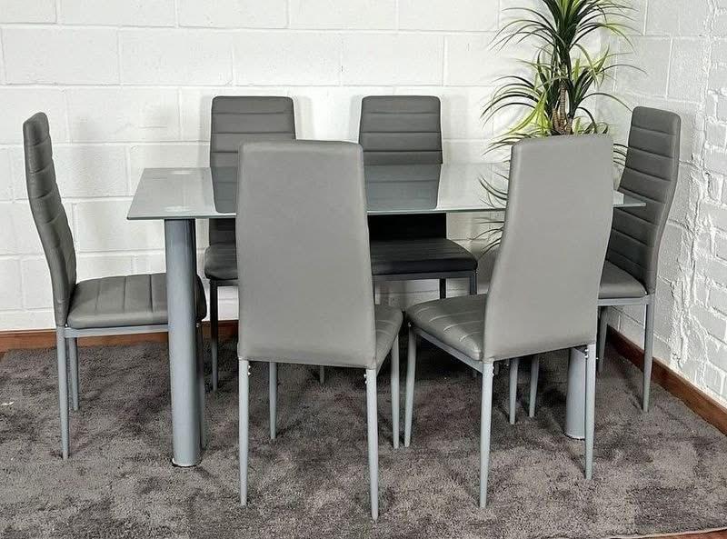 Stylish Glass Dining Table with 6 PU Leather Chairs - Available in Grey or Cream - in Ireland