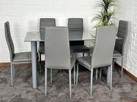 Stylish Glass Dining Table with 6 PU Leather Chairs - Available in Grey or Cream - in Ireland
